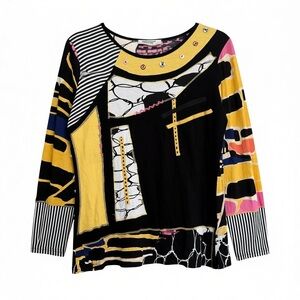 Orientique Funky Patchwork 3/4 Sleeve Top Sz S Abstract Quirky Artsy Maximalist